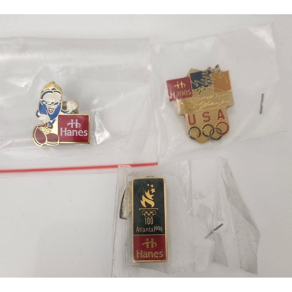3 Vintage Hanes Olympic Pins Atlanta 1996 USA‎ Mascot, Torch & Rings collector